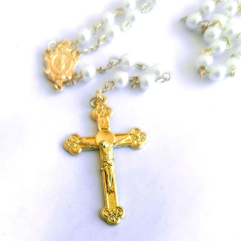 Vintage Faux Pearl Gold-Tone Rosary Necklace Sacred Heart Purity Prayer Beads - Picture 3 of 6